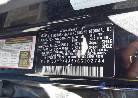 2016 Kia Sorento 3.3L Sxl from USA, damaged, VIN 5XYPK4A5XGG102744